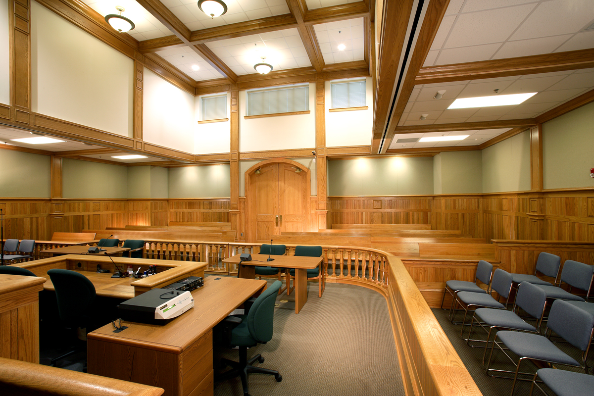 Exterior view of the courthouse building entrance with columns.